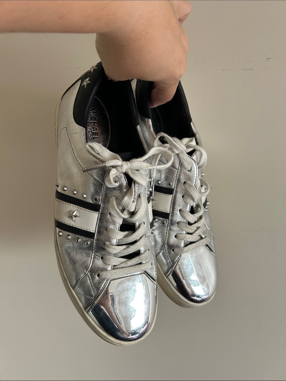 Michael Kors Silver Metallic Lace-Up Sneakers with Black Stripe